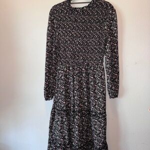 Brand New Black Floral Smocked Tiered Midi Dress | Size Small (US 4-6)